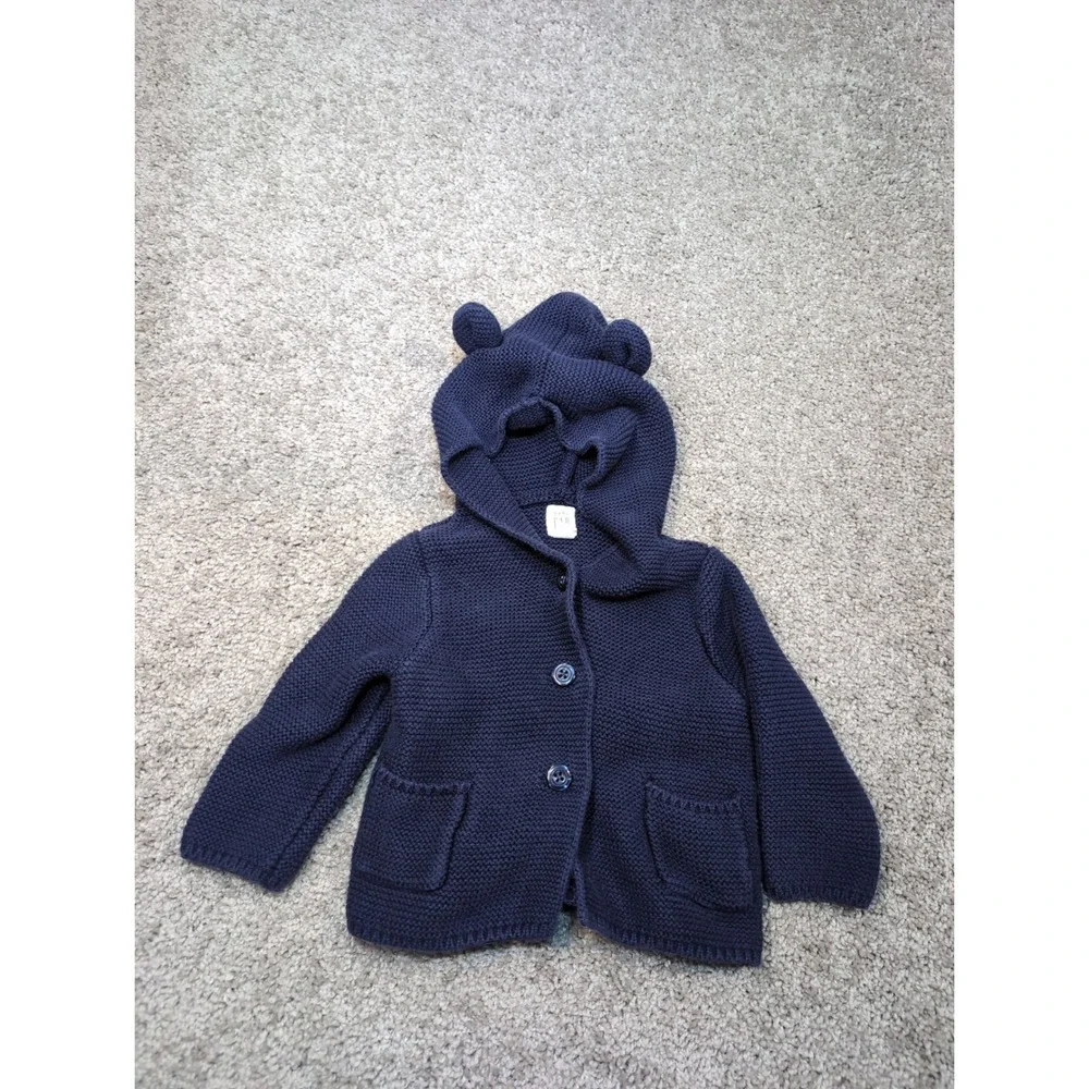 Baby GAP Navy Blue Knit Bear Ear Hooded Cardigan Sweater 6-12 Months 100% Cotton